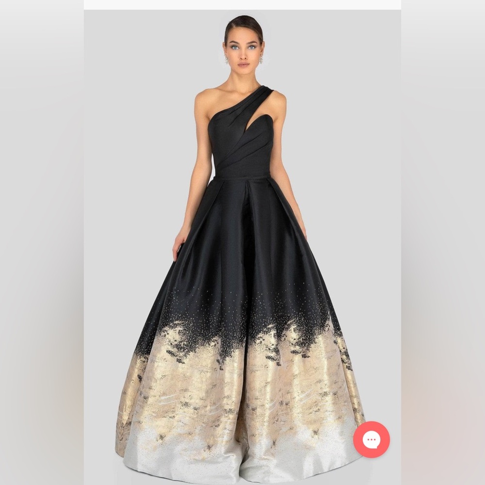 Terani Couture Black and Gold One-Shoulder Prom Gown